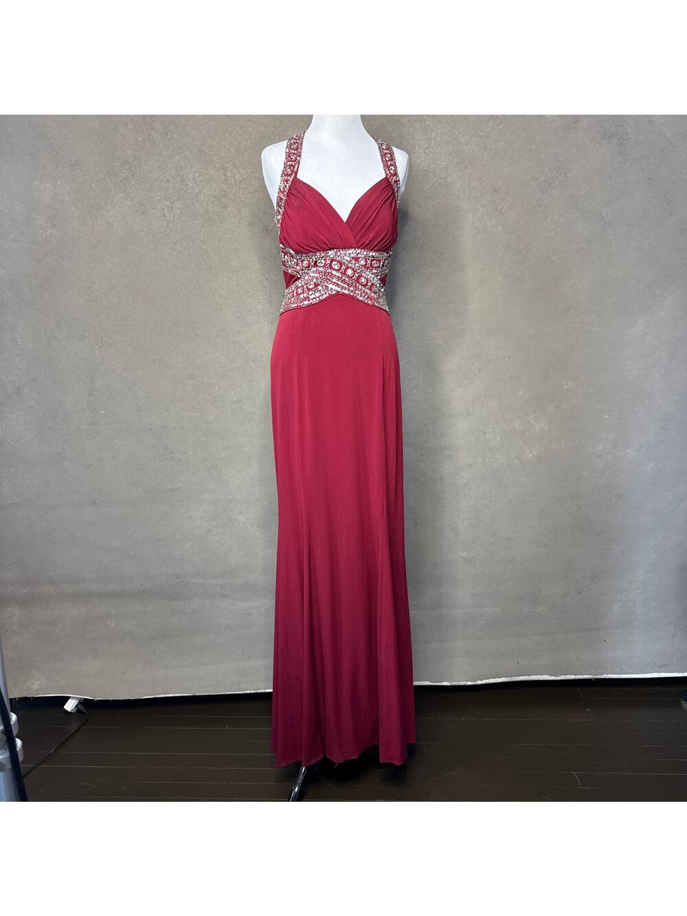 Hailey Logan Beaded Prom Dress Red Open Back Formal Gown Juniors 7/8